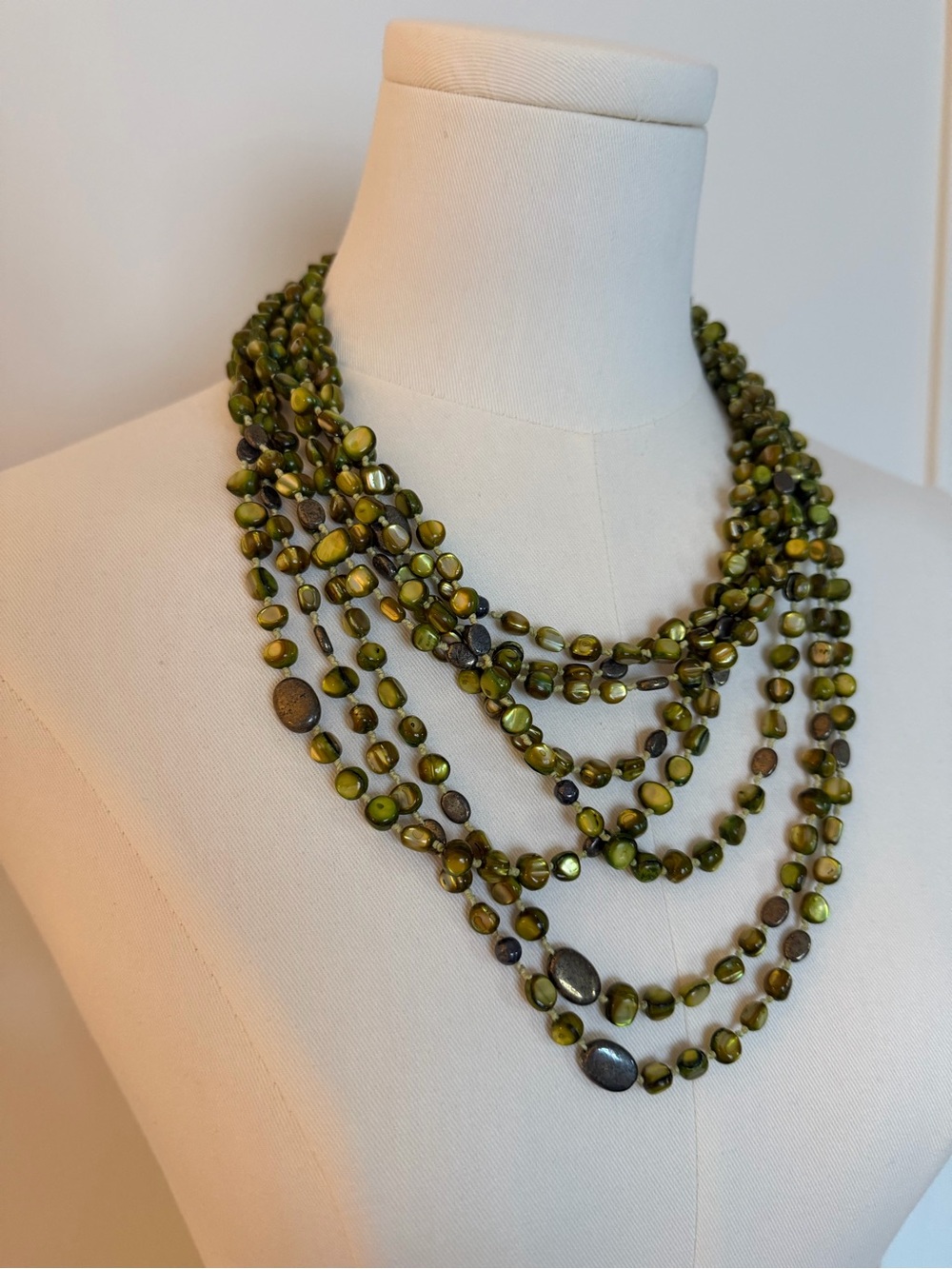 Multi-Strand Olive Green Beaded Necklace - Picture 2 of 3